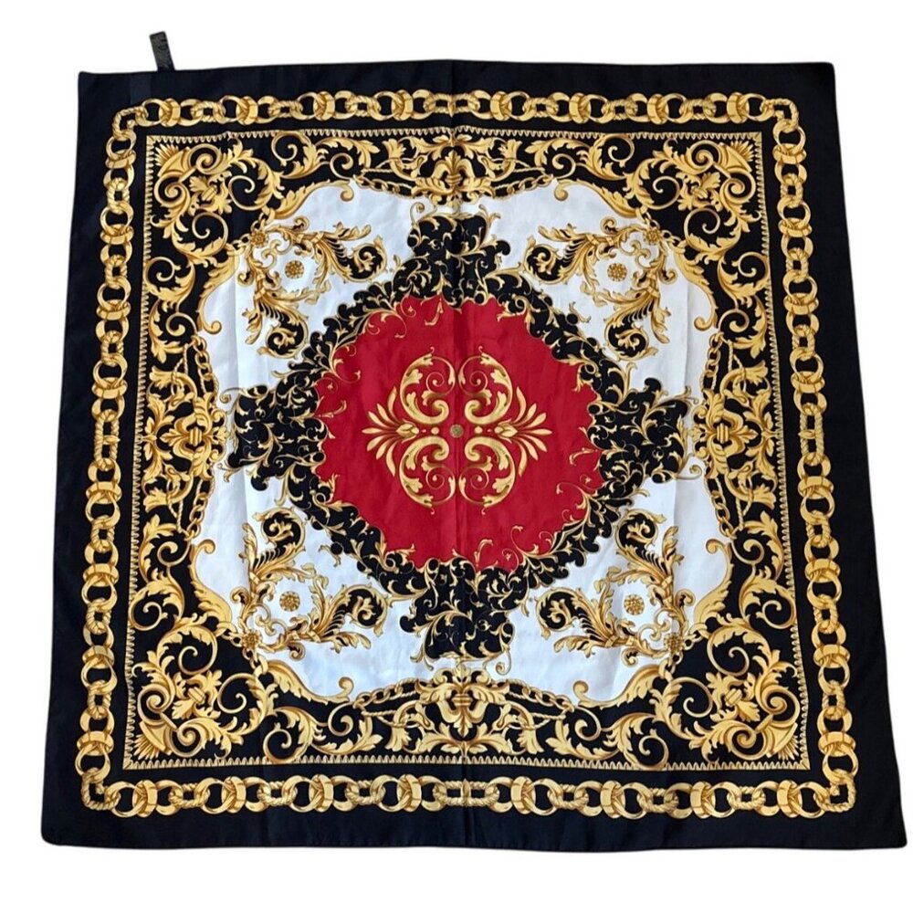 Art Of The Scarf Tie Rack Scarf Gold & Black Baroque Chain Pattern Square Italy